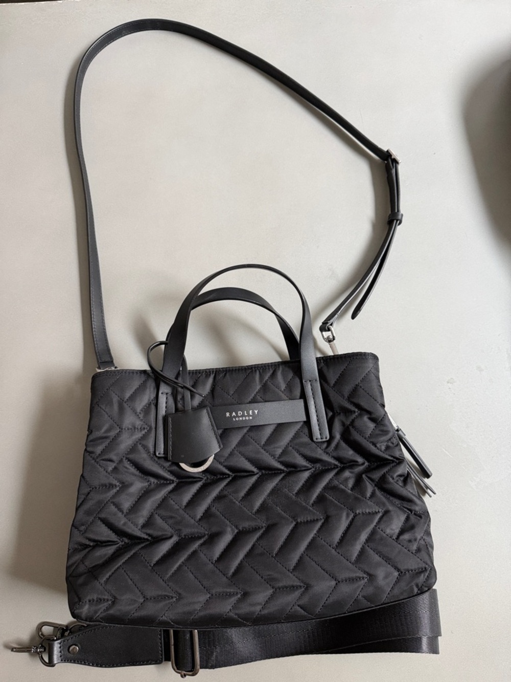 RADLEY LONDON Black Quilted Crossbody Bag with Top Handles and Strap